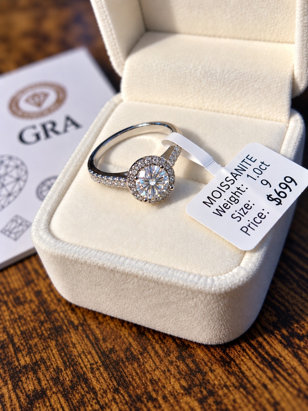 New Moissanite Round Cut Halo Engagement, Statement Ring in Silver Setting Sz 9